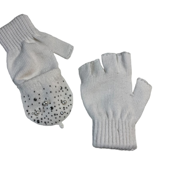 Embellished White open finger tips and pullover mittens in a snap. - Picture 2 of 7